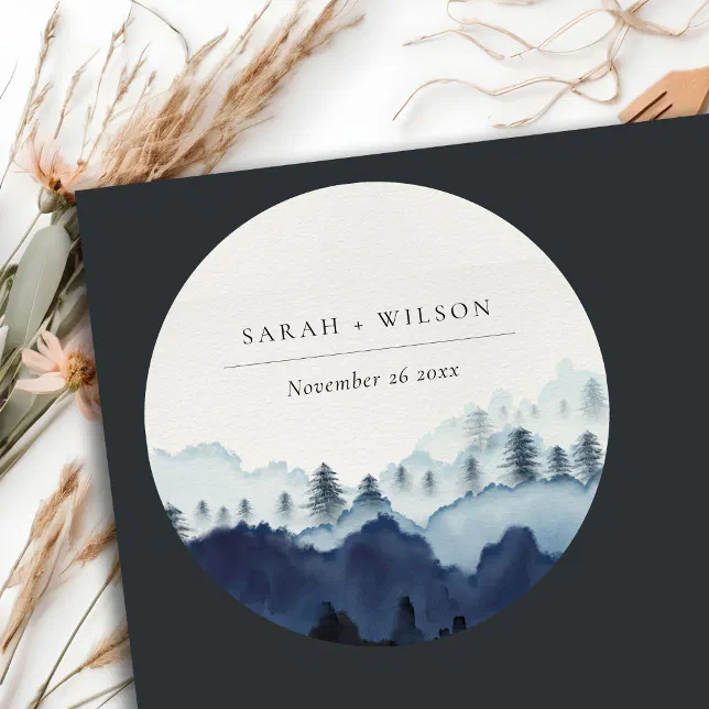 Rustic Ink Blue Navy Pine Woods Mountain Wedding Classic Round Sticker ...