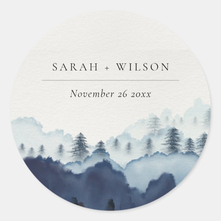 Rustic Ink Blue Navy Pine Woods Mountain Wedding Classic Round Sticker ...