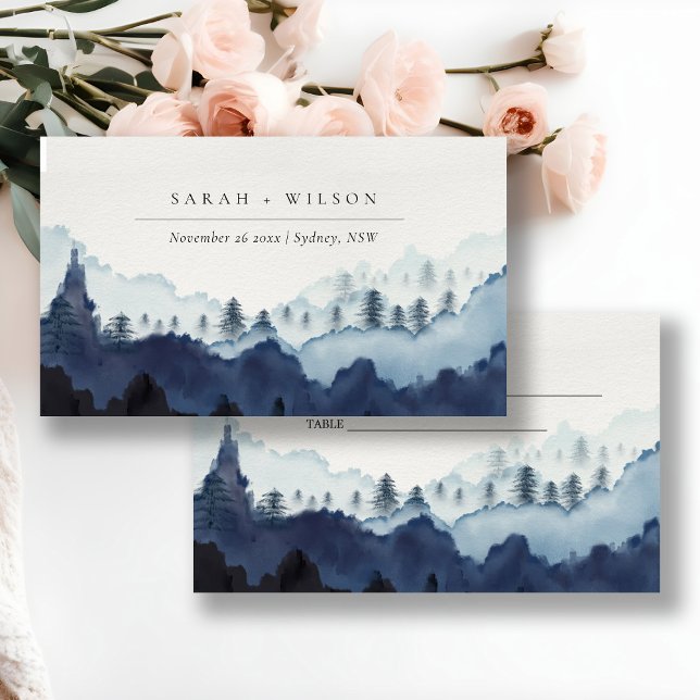 Rustic Ink Blue Navy Pine Woods Mountain Wedding Place Card (Creator Uploaded)