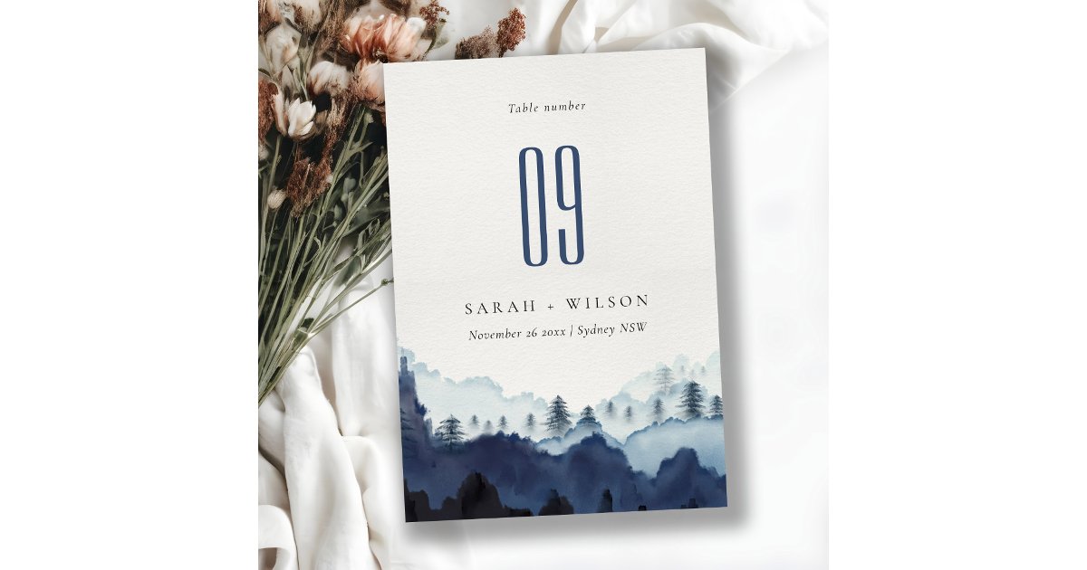 Rustic Ink Blue Navy Pine Woods Mountain Wedding Table Number | Zazzle