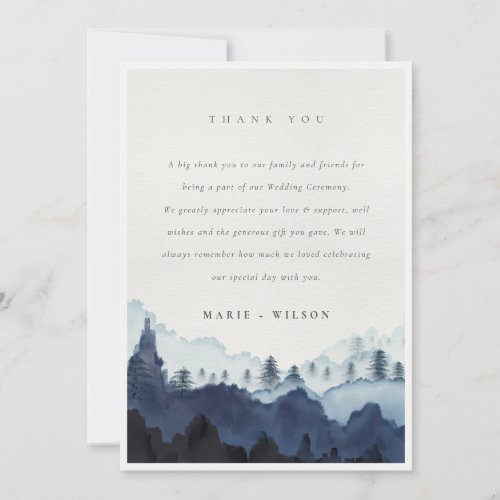 Rustic Ink Blue Navy Pine Woods Mountain Wedding Thank You Card