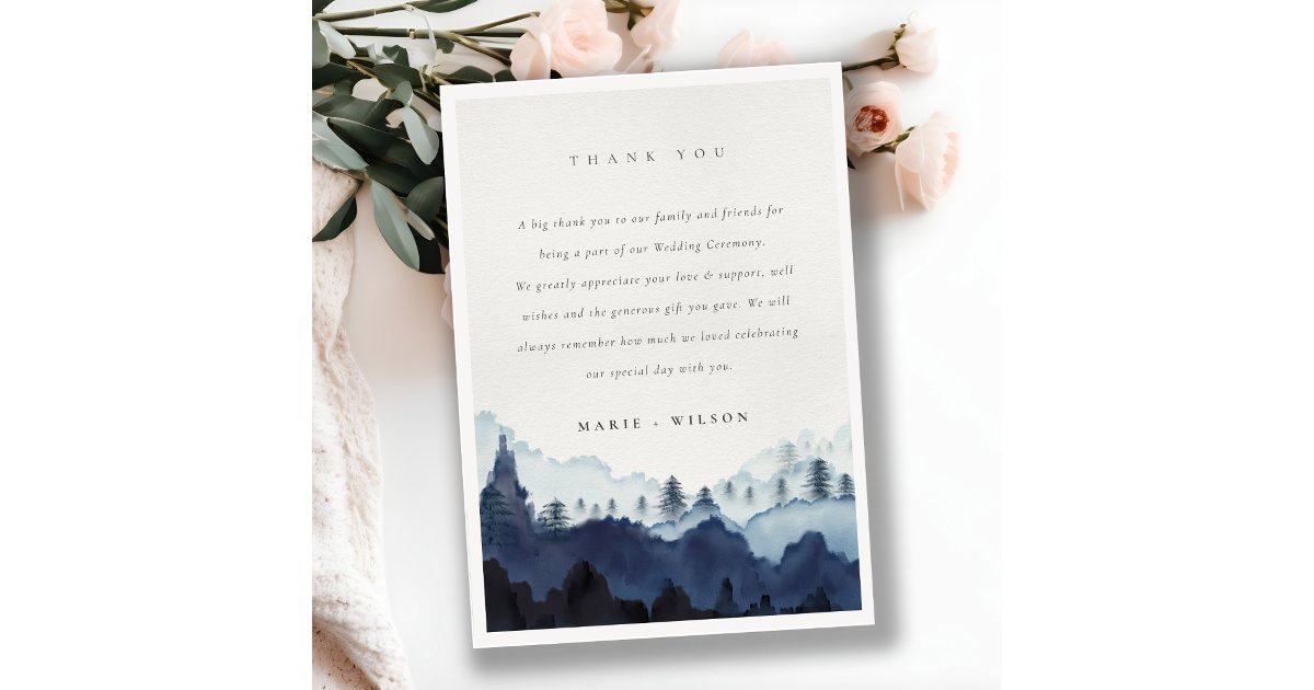 Rustic Ink Blue Navy Pine Woods Mountain Wedding Thank You Card | Zazzle