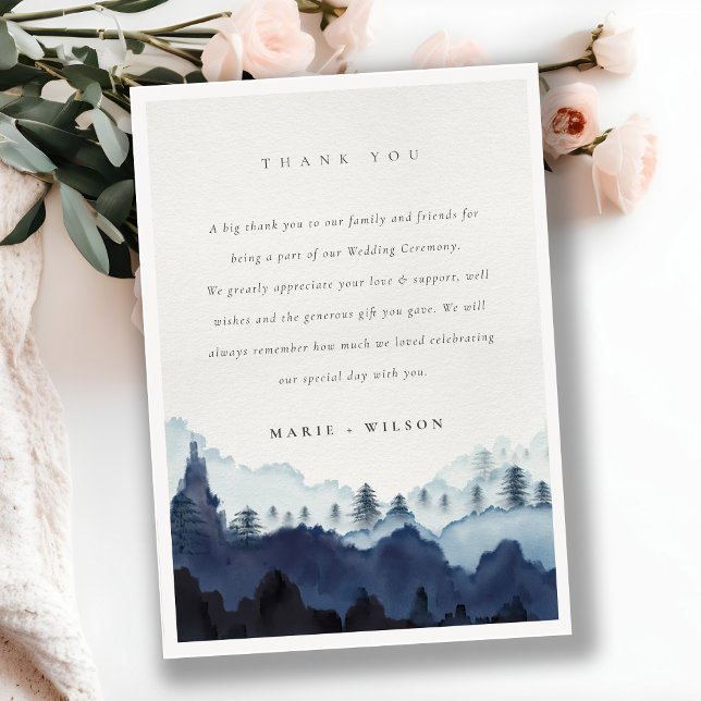 Rustic Ink Blue Navy Pine Woods Mountain Wedding Thank You Card (Creator Uploaded)