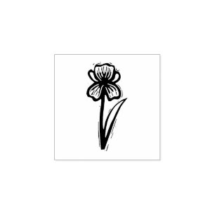 Rustic Iris Folk Art Flower Floral Lino-cut Look Rubber Stamp
