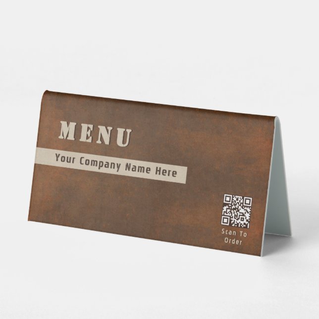 Rustic Iron Bold Stencil Scannable QR Code Menu  Table Tent (Front)