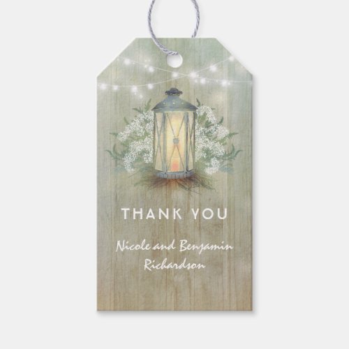 Rustic Iron Lantern and Baby's Breath Barn Wedding Gift Tags - Barn or rustic woodland wedding tags with vintage lantern and white flowers
