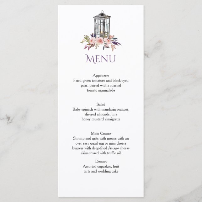 Rustic Iron Lantern Watercolor Floral Menu Cards (Front)