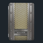 Rustic iron metal rough industrial guys men iPad mini cover<br><div class="desc">A cool rough industrial style for guys,  men.  Gray faux steel and gold looking metal and rivets.  Personalize and add your name,  light gray letters.</div>
