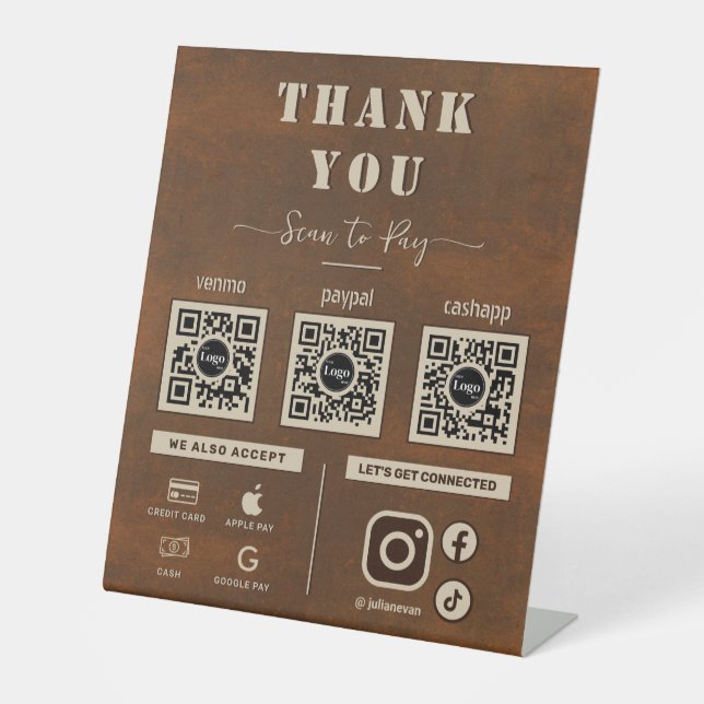 Rustic Iron Metal Scan to pay 3 QR Code Thank you Pedestal Sign (Front)