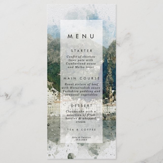 rustic Italian Amalfi wedding menu cards (Front)
