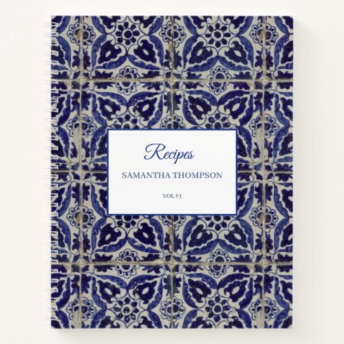 Rustic Italian Azulejo Blue White Geometric Recipe Notebook