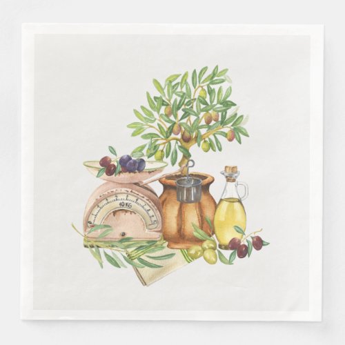 Rustic Italian Green Gold Brown Watercolor Paper Dinner Napkins