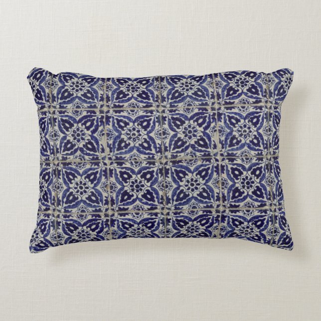 Rustic Italian Tiles Azulejo Blue White Geometric  Accent Pillow (Front)