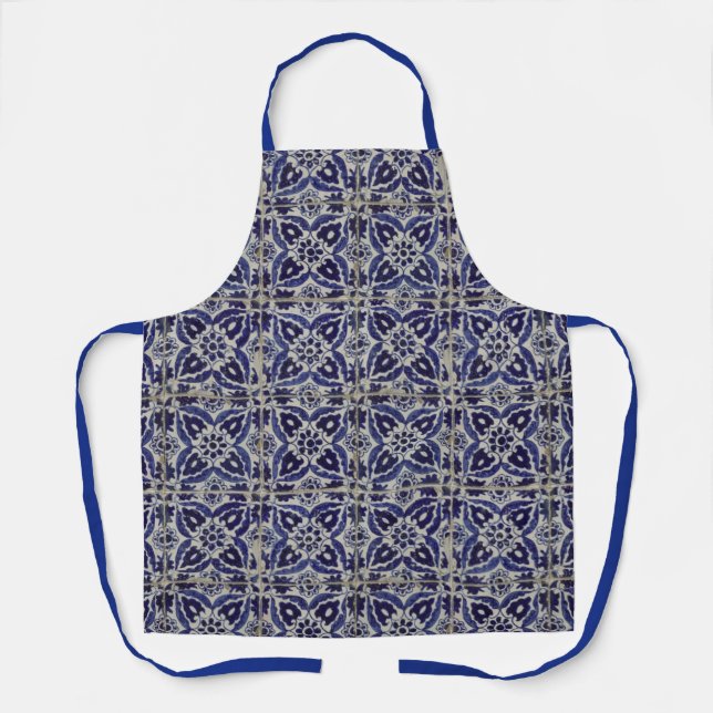 Rustic Italian Tiles Azulejo Blue White Geometric Apron (Front)