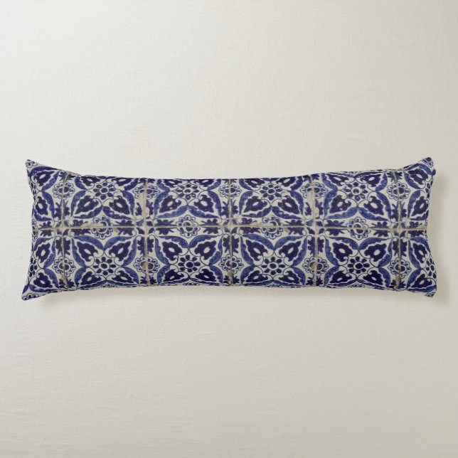 Rustic Italian Tiles Azulejo Blue White Geometric Body Pillow (Front)