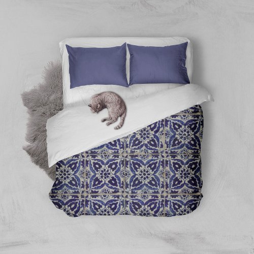 Rustic Italian Tiles Azulejo Blue White Geometric  Duvet Cover