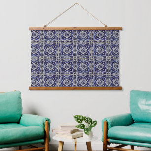 Rustic Italian Tiles Azulejo Blue White Geometric Hanging Tapestry