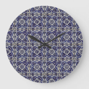 Rustic Italian Tiles Azulejo Blue White Geometric Large Clock