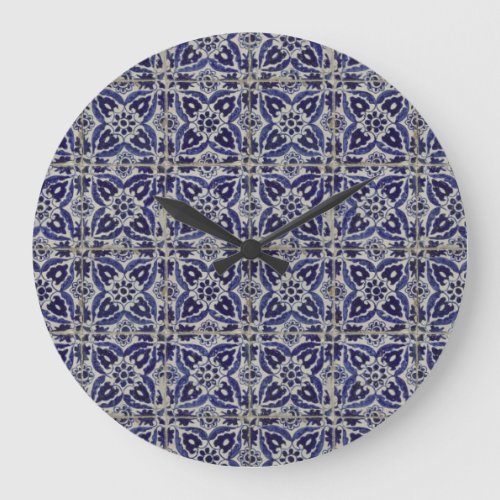 Rustic Italian Tiles Azulejo Blue White Geometric  Large Clock