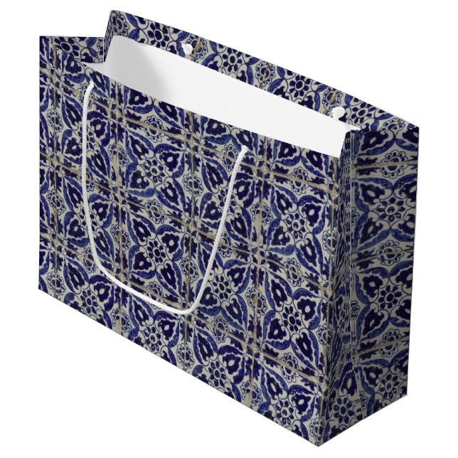Rustic Italian Tiles Azulejo Blue White Geometric Large Gift Bag (Front Angled)
