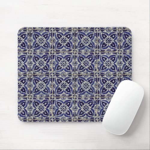 Rustic Italian Tiles Azulejo Blue White Geometric  Mouse Pad