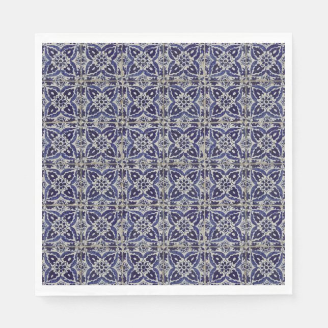 Rustic Italian Tiles Azulejo Blue White Geometric Napkins (Front)
