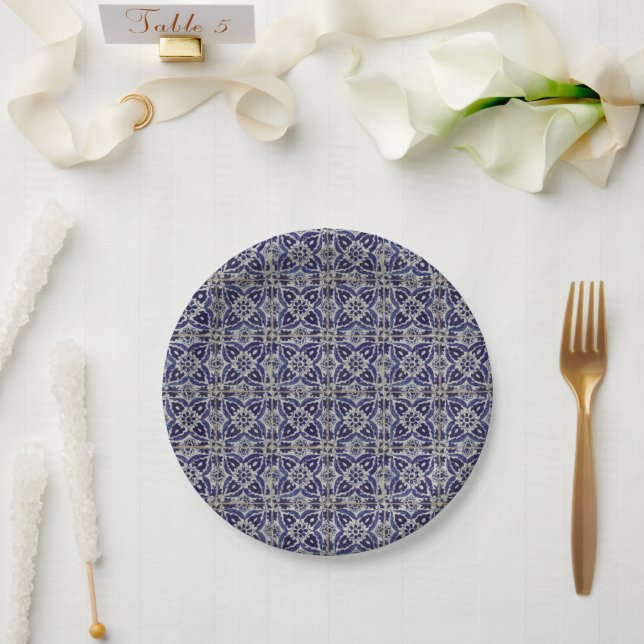 Rustic Italian Tiles Azulejo Blue White Geometric Paper Plates (Wedding)