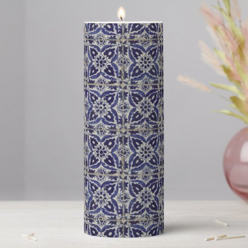 Rustic Italian Tiles Azulejo Blue White Geometric  Pillar Candle
