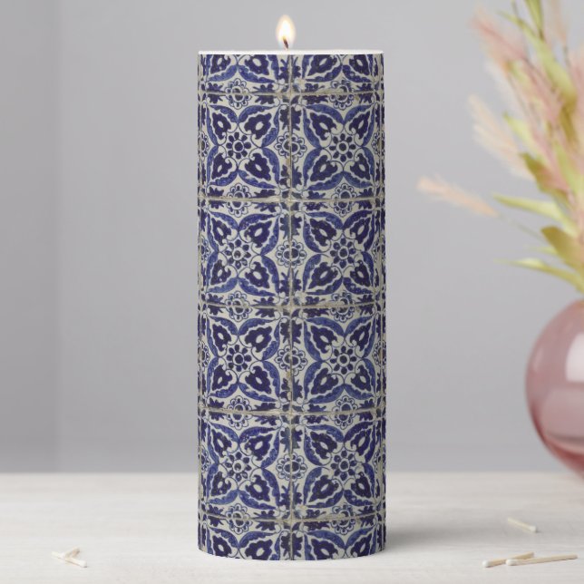 Rustic Italian Tiles Azulejo Blue White Geometric  Pillar Candle (In Situ)