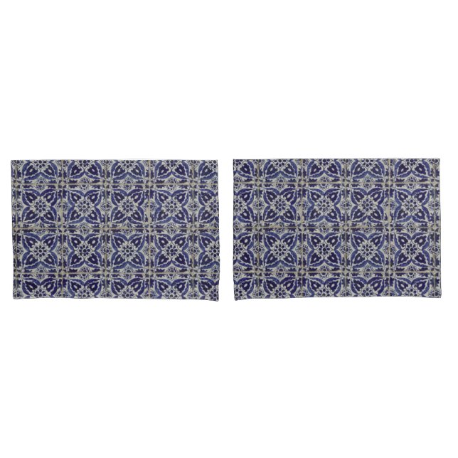 Rustic Italian Tiles Azulejo Blue White Geometric Pillow Case (Front-Set)