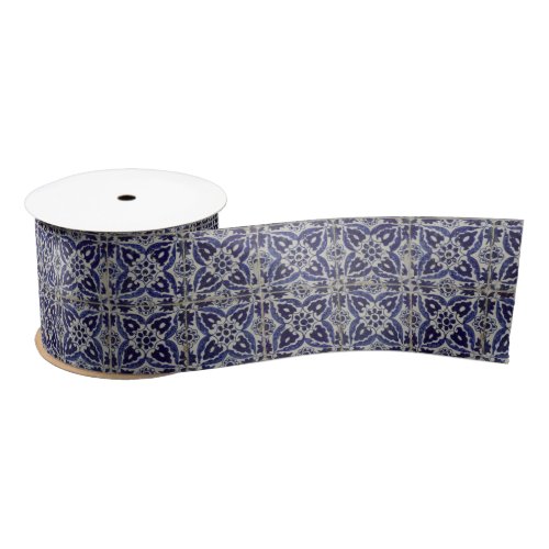 Rustic Italian Tiles Azulejo Blue White Geometric  Satin Ribbon