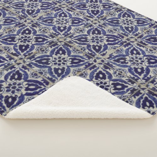 Rustic Italian Tiles Azulejo Blue White Geometric Sherpa Blanket