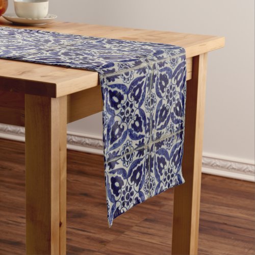 Rustic Italian Tiles Azulejo Blue White Geometric Short Table Runner