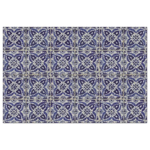 Rustic Italian Tiles Azulejo Blue White Geometric  Tissue Paper