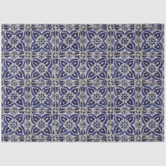 Rustic Italian Tiles Azulejo Blue White Geometric  Tissue Paper (Front)