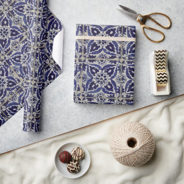 Rustic Italian Tiles Azulejo Blue White Geometric  Wrapping Paper (Crafts)