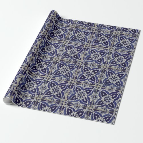 Rustic Italian Tiles Azulejo Blue White Geometric  Wrapping Paper