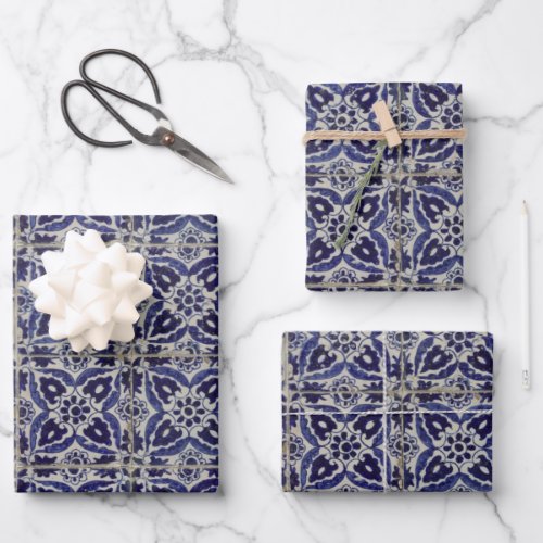 Rustic Italian Tiles Azulejo Blue White Geometric Wrapping Paper Sheets