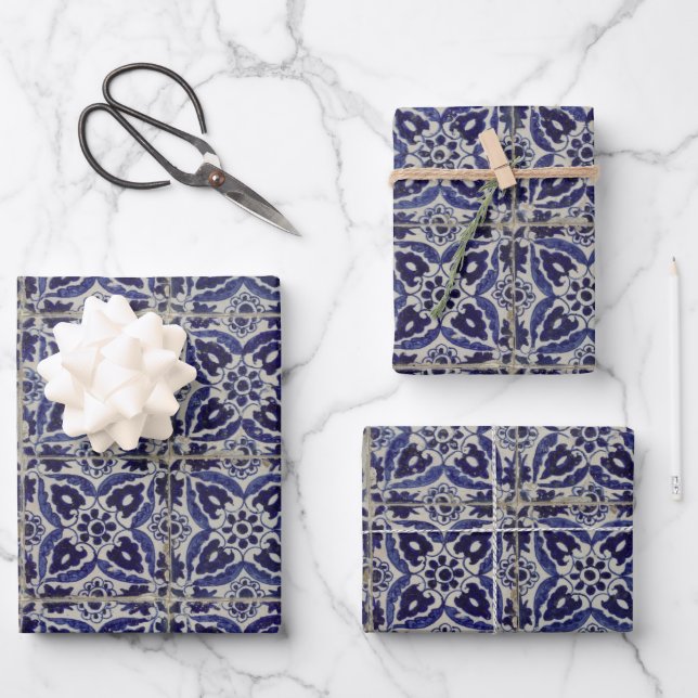 Rustic Italian Tiles Azulejo Blue White Geometric Wrapping Paper Sheets (Front)