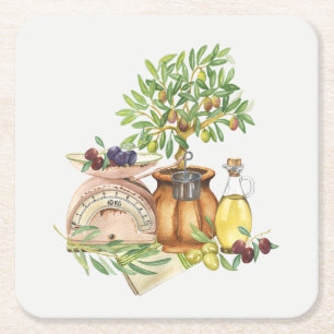 Rustic Italian Watercolor Square Paper Coaster