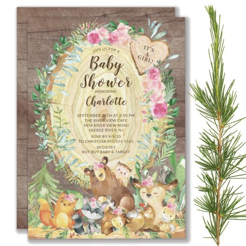 Rustic Its A Girl Woodland Animals Baby Shower Invitation