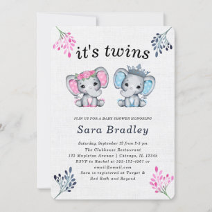 Rustic It's Twins burlap elephant baby shower Invitation