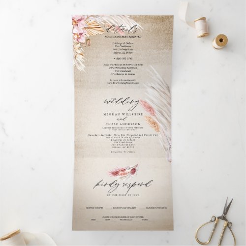 Rustic Ivory Blush Pampas Grass Vintage Tri_Fold