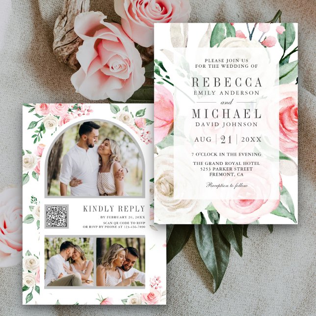 Rustic Ivory Blush Pink Floral QR Code Wedding Invitation (Creator Uploaded)