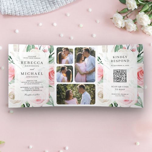 Rustic Ivory Blush Pink Floral QR Code Wedding Tri_Fold Invitation