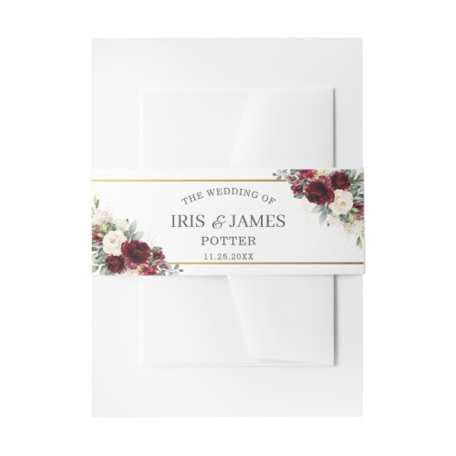 Rustic Ivory Burgundy Floral Gold Greenery Wedding Invitation Belly Band