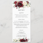 Rustic Ivory Burgundy Floral Wedding Menu<br><div class="desc">Designed to co-ordinate with our Rustic Burgundy wedding collection, this elegant wedding menu features a beautiful watercolor burgundy, ivory white roses, hydrangeas, stocks and greenery arrangement. Personalize it with your wedding details easily and quickly, simply press the customise it button to further re-arrange and format the style and placement of...</div>