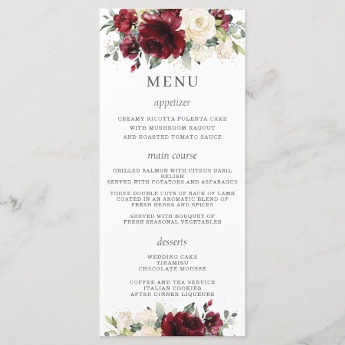 Rustic Ivory Burgundy Floral Wedding Menu