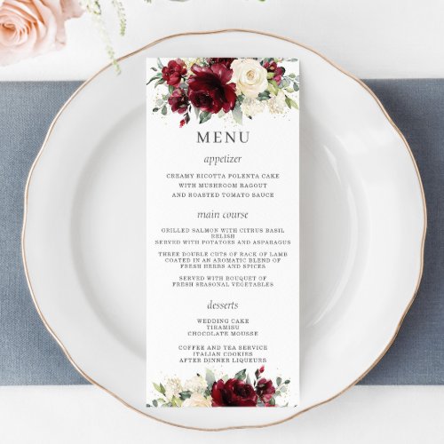 Rustic Ivory Burgundy Floral Wedding Menu