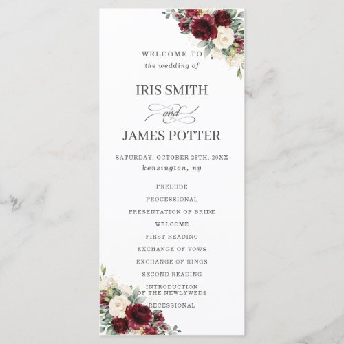 Rustic Ivory Burgundy Floral Wedding Program